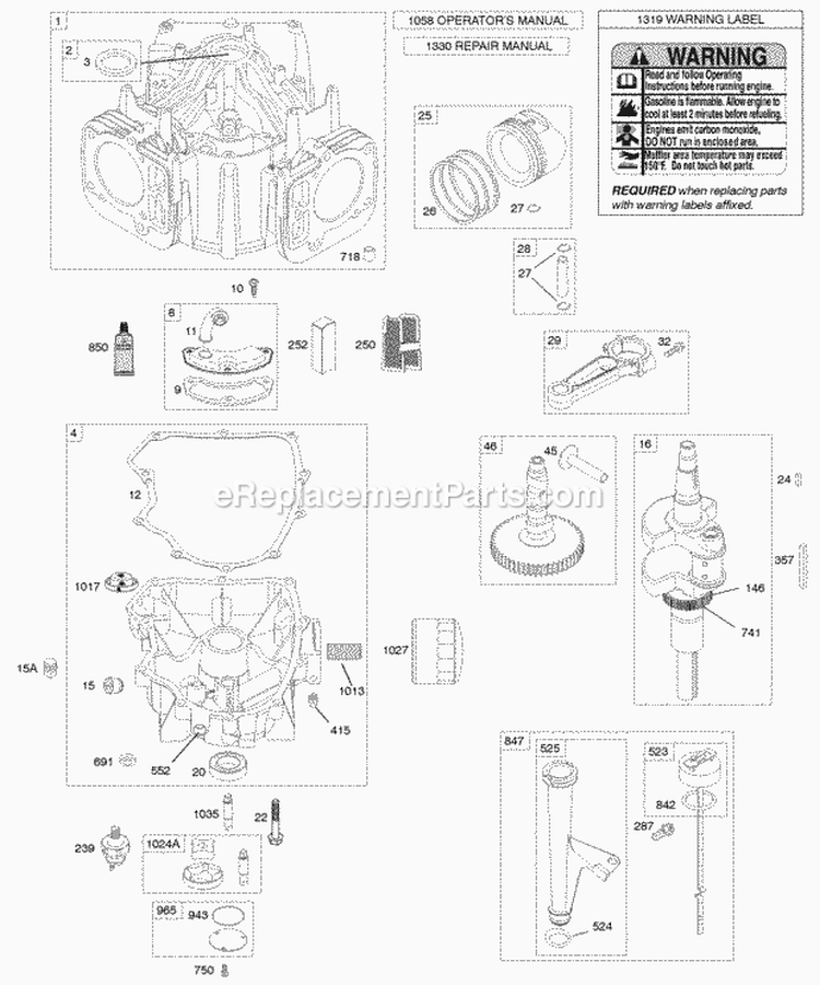 Camshaft Crankshaft Cylinder Engine Sump Lubrication Piston Rings Connecting Rod Diagram and Parts List for 441677-0112-B1  Briggs and Stratton Engine